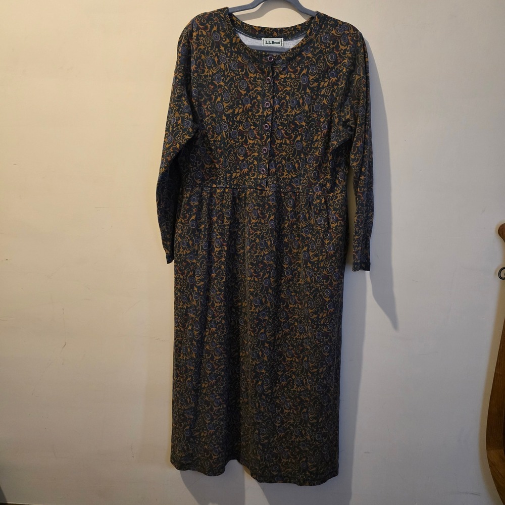 Vintage 90s LL Bean Maxi Dress Womens L Blue Gold Floral Paisley Cottagecore